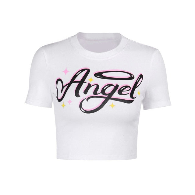 Women Angel Letter Printed Tees Summer Short Sleeve T-Shirts Fashion Slim Crop Top Casual Outdoor Dance Knot Short Tops 2020 New