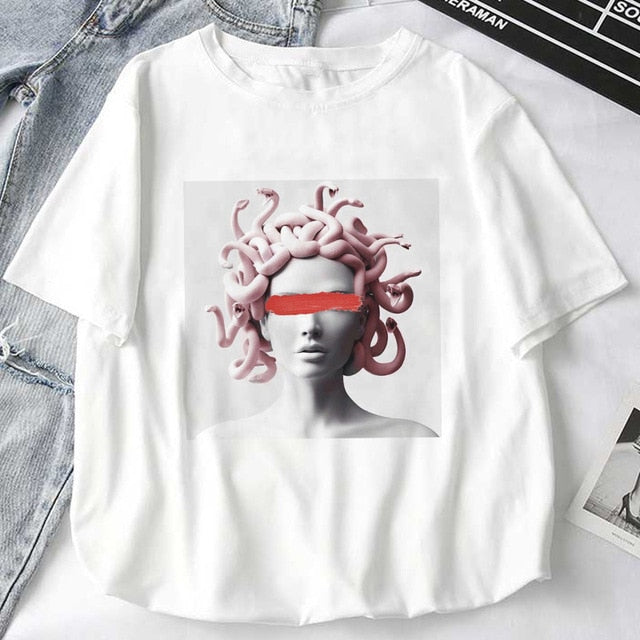 Women T-Shirts Mythology Story Medusa's Head Will Life Men Into A Stone Tops Female T-Shirt Harajuku Funny Woman Tshirt Clothes