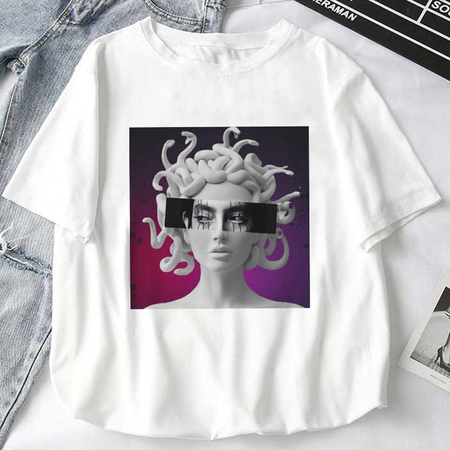 Women T-Shirts Mythology Story Medusa's Head Will Life Men Into A Stone Tops Female T-Shirt Harajuku Funny Woman Tshirt Clothes