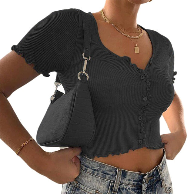 Sexy Women V-neck Short Sleeve Ruffle T-shirt Clubwear Buttons Bodycon Solid T-shirt Crop Tops Summer Outwear tee shirt femme
