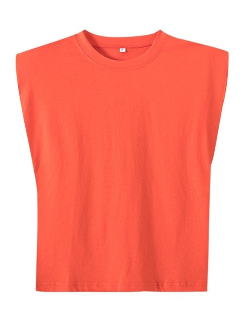 2020 summer women's new design sense niche trendy shoulder pad profile vest t-shirt solid color wild loose loose slim top