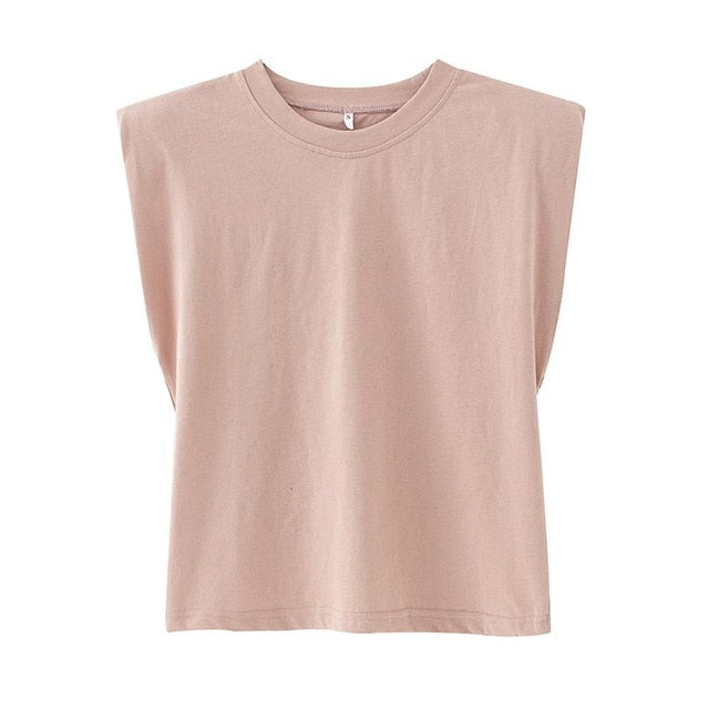 2020 summer women's new design sense niche trendy shoulder pad profile vest t-shirt solid color wild loose loose slim top