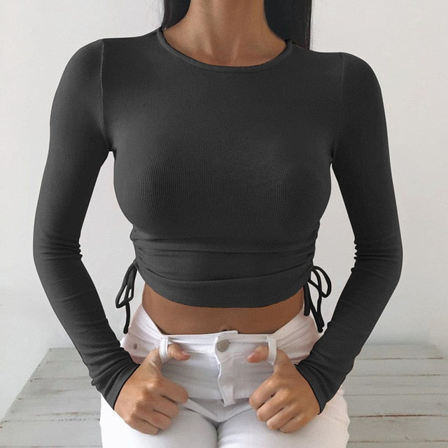 Sexy O-Neck Long Sleeve Bodycon Cropped Tops Autumn 2020 Women Irregular Drawstring Bandage Knitted Solid T-Shirt