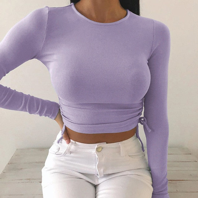 Sexy O-Neck Long Sleeve Bodycon Cropped Tops Autumn 2020 Women Irregular Drawstring Bandage Knitted Solid T-Shirt