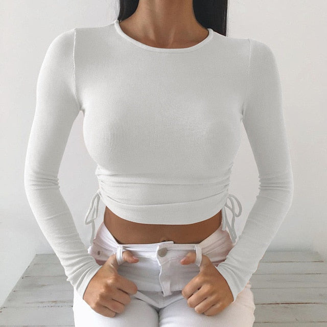 Sexy O-Neck Long Sleeve Bodycon Cropped Tops Autumn 2020 Women Irregular Drawstring Bandage Knitted Solid T-Shirt
