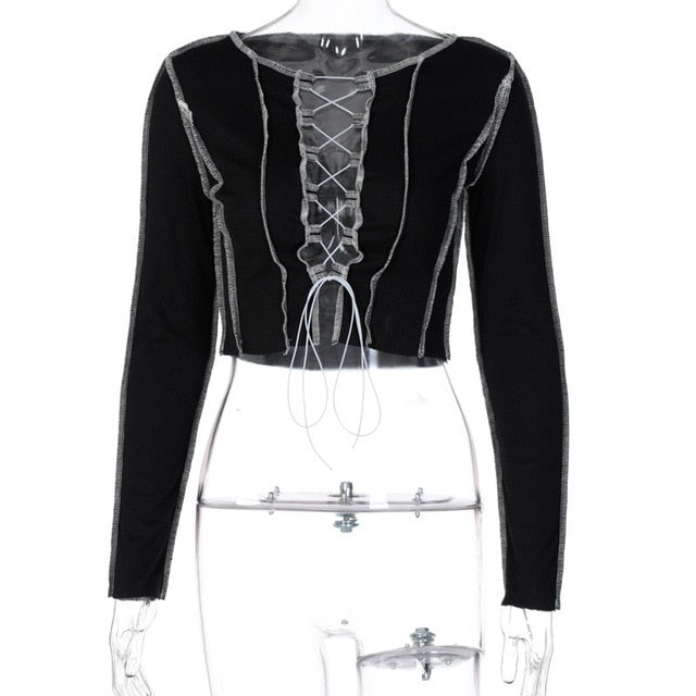 Simenual Patchwork Lace Up Long Sleeve Crop Tops Women Ribbed Sexy Party Knitwear T-Shirt Hollow Out Bodycon Club Tie Front Top