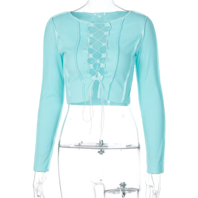Simenual Patchwork Lace Up Long Sleeve Crop Tops Women Ribbed Sexy Party Knitwear T-Shirt Hollow Out Bodycon Club Tie Front Top