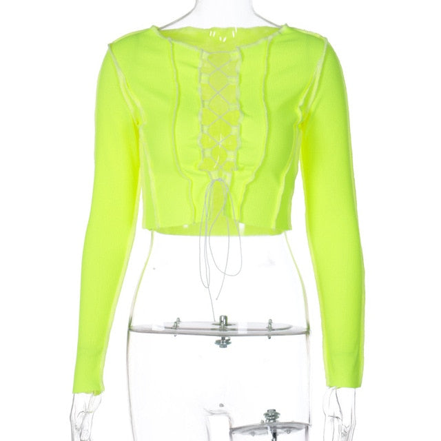 Simenual Patchwork Lace Up Long Sleeve Crop Tops Women Ribbed Sexy Party Knitwear T-Shirt Hollow Out Bodycon Club Tie Front Top