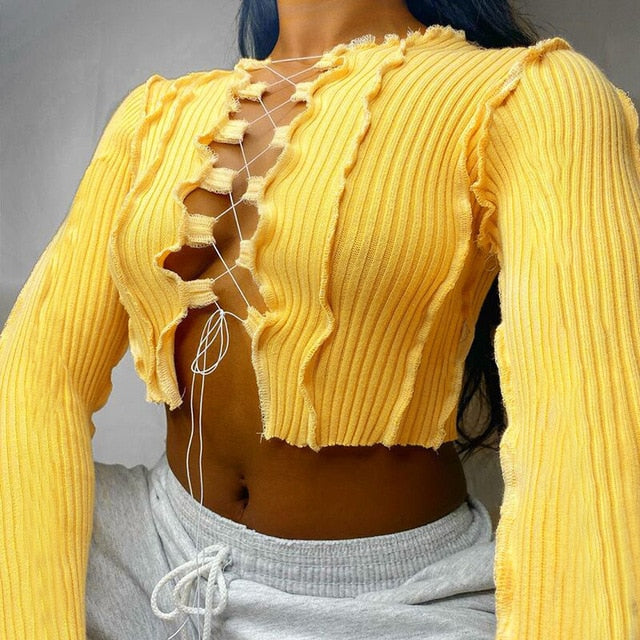Simenual Patchwork Lace Up Long Sleeve Crop Tops Women Ribbed Sexy Party Knitwear T-Shirt Hollow Out Bodycon Club Tie Front Top