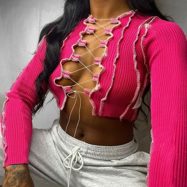 Simenual Patchwork Lace Up Long Sleeve Crop Tops Women Ribbed Sexy Party Knitwear T-Shirt Hollow Out Bodycon Club Tie Front Top