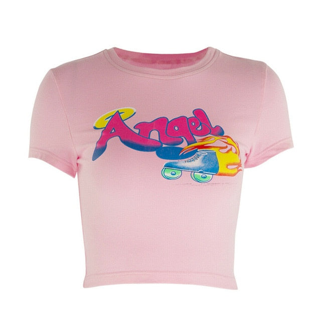 Women Angel Letter Printed Tees Summer Short Sleeve T-Shirts Fashion Slim Crop Top Casual Outdoor Dance Knot Short Tops 2020 New