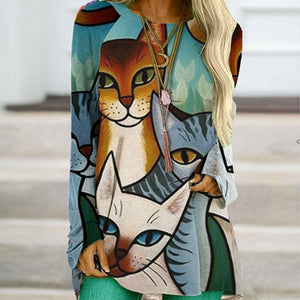 Fashion Animal Cat Print Women Tee Shirt Autumn Casual Long Sleeve Loose T-Shirt 2020 Ladies New V Neck Tops Pullover Streetwear