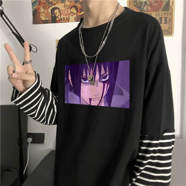 NiceMix Harajuku T-shirt Women Fake 2 Pieces Print Japanese Fujiang Horror Comics Long Sleeve Shirt Women Vetement Femme 2020
