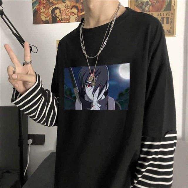NiceMix Harajuku T-shirt Women Fake 2 Pieces Print Japanese Fujiang Horror Comics Long Sleeve Shirt Women Vetement Femme 2020
