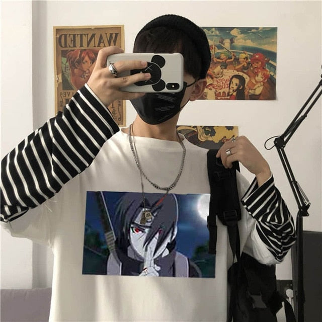 NiceMix Harajuku T-shirt Women Fake 2 Pieces Print Japanese Fujiang Horror Comics Long Sleeve Shirt Women Vetement Femme 2020