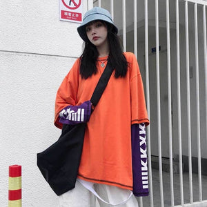 NiceMix Harajuku pumpkin Print letter T shirt Fake 2 Pieces Patchwork Casual Long Sleeve T-shirt Women And Men Streetwear Tops