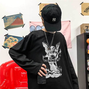 NiceMix Harajuku pumpkin Print letter T shirt Fake 2 Pieces Patchwork Casual Long Sleeve T-shirt Women And Men Streetwear Tops