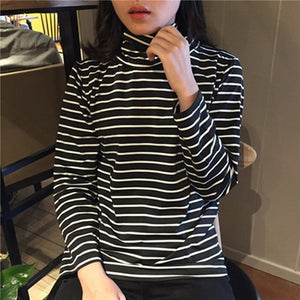 2020 Autumn Women T Shirt Fashion Clothing Lady O Neck T-Shirt Causal Black White Strip Long Sleeve Top For Female