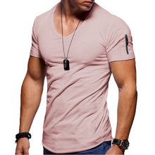 2020 New Men's V-neck T-shirt Fitness Bodybuilding T-shirt High Street Summer Short-Sleeved Zipper Casual Cotton Top