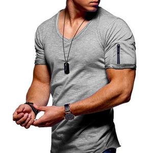 2020 New Men's V-neck T-shirt Fitness Bodybuilding T-shirt High Street Summer Short-Sleeved Zipper Casual Cotton Top