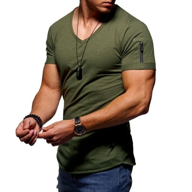 2020 New Men's V-neck T-shirt Fitness Bodybuilding T-shirt High Street Summer Short-Sleeved Zipper Casual Cotton Top