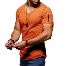 2020 New Men's V-neck T-shirt Fitness Bodybuilding T-shirt High Street Summer Short-Sleeved Zipper Casual Cotton Top