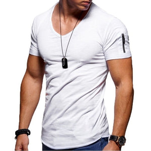 2020 New Men's V-neck T-shirt Fitness Bodybuilding T-shirt High Street Summer Short-Sleeved Zipper Casual Cotton Top