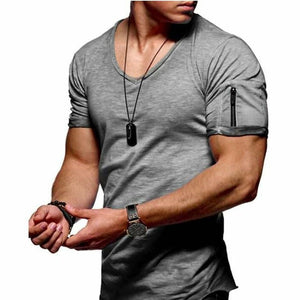 2020 New Men's V-neck T-shirt Fitness Bodybuilding T-shirt High Street Summer Short-Sleeved Zipper Casual Cotton Top