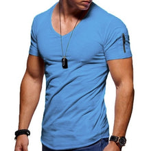 2020 New Men's V-neck T-shirt Fitness Bodybuilding T-shirt High Street Summer Short-Sleeved Zipper Casual Cotton Top