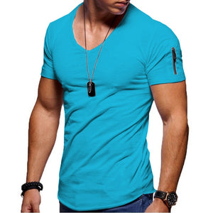 2020 New Men's V-neck T-shirt Fitness Bodybuilding T-shirt High Street Summer Short-Sleeved Zipper Casual Cotton Top