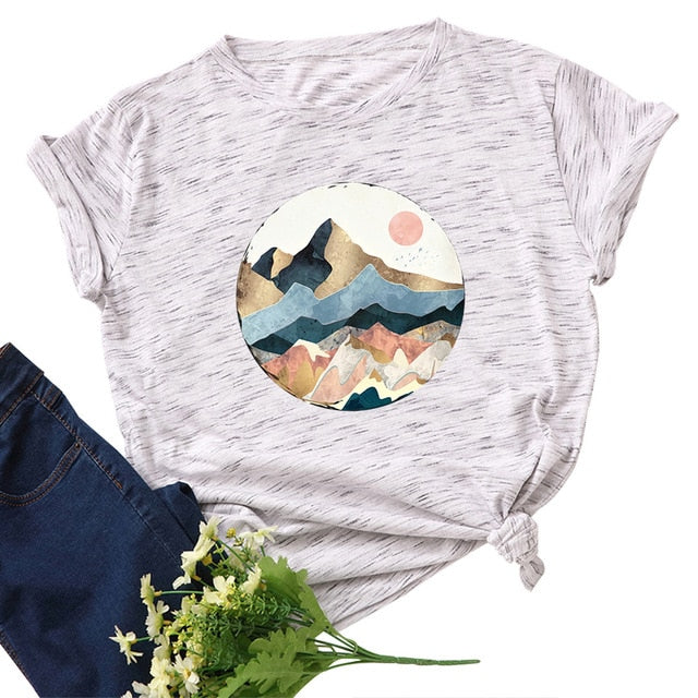Plus Size Women's Tops T Shirt Creative Golden Mountain Peak Women T-shirt Graphic Funny Print Cotton Tshirt Summer Top Tees