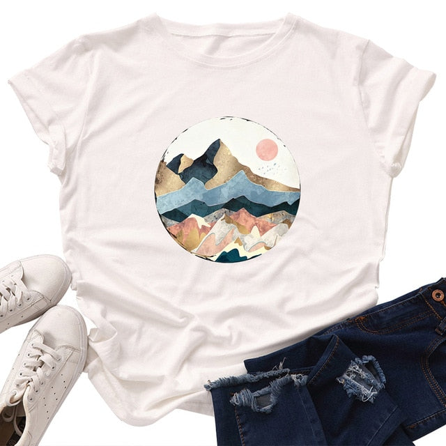Plus Size Women's Tops T Shirt Creative Golden Mountain Peak Women T-shirt Graphic Funny Print Cotton Tshirt Summer Top Tees