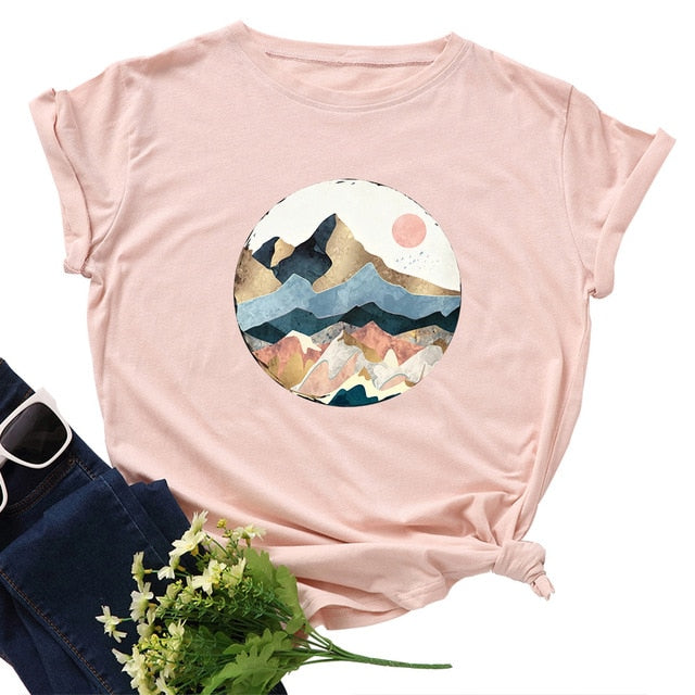 Plus Size Women's Tops T Shirt Creative Golden Mountain Peak Women T-shirt Graphic Funny Print Cotton Tshirt Summer Top Tees