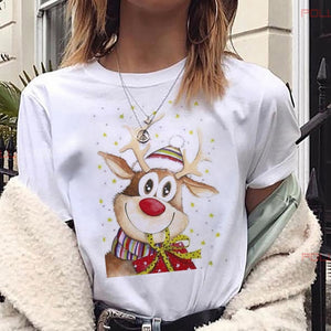 Maycaur New Lovely Deer T Shirt Harajuku Women Fashion Christmas Printed Short Sleeve T-shirt White Suitable All Seasons Tshirts