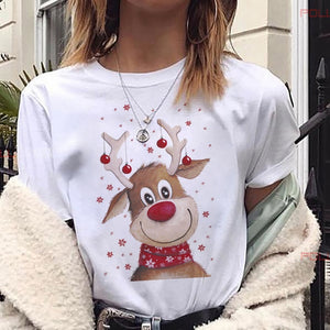 Maycaur New Lovely Deer T Shirt Harajuku Women Fashion Christmas Printed Short Sleeve T-shirt White Suitable All Seasons Tshirts