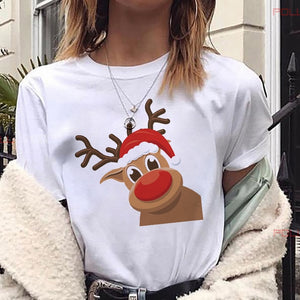 Maycaur New Lovely Deer T Shirt Harajuku Women Fashion Christmas Printed Short Sleeve T-shirt White Suitable All Seasons Tshirts