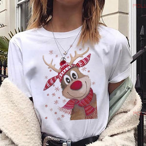 Maycaur New Lovely Deer T Shirt Harajuku Women Fashion Christmas Printed Short Sleeve T-shirt White Suitable All Seasons Tshirts