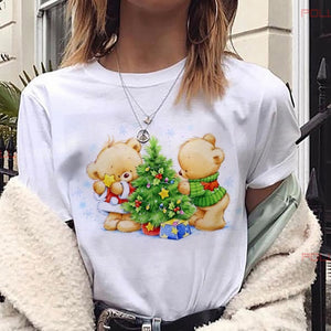 Maycaur New Lovely Deer T Shirt Harajuku Women Fashion Christmas Printed Short Sleeve T-shirt White Suitable All Seasons Tshirts