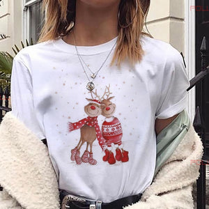 Maycaur New Lovely Deer T Shirt Harajuku Women Fashion Christmas Printed Short Sleeve T-shirt White Suitable All Seasons Tshirts