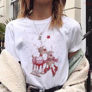 Maycaur New Lovely Deer T Shirt Harajuku Women Fashion Christmas Printed Short Sleeve T-shirt White Suitable All Seasons Tshirts