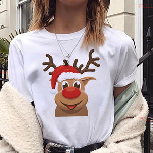 Maycaur New Lovely Deer T Shirt Harajuku Women Fashion Christmas Printed Short Sleeve T-shirt White Suitable All Seasons Tshirts