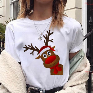 Maycaur New Lovely Deer T Shirt Harajuku Women Fashion Christmas Printed Short Sleeve T-shirt White Suitable All Seasons Tshirts