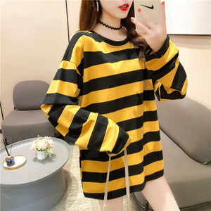 harajuku Women Striped Oversize Tshirt Chic Fashion 90s full Sleeve Loose T-shirts Female Casual Tops Clothes Streetwear T shirt