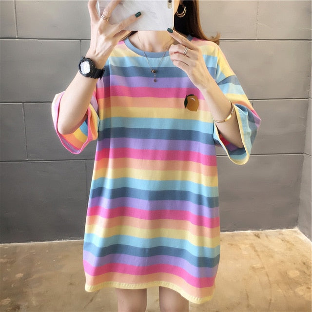 harajuku Women Striped Oversize Tshirt Chic Fashion 90s full Sleeve Loose T-shirts Female Casual Tops Clothes Streetwear T shirt