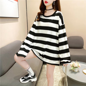 harajuku Women Striped Oversize Tshirt Chic Fashion 90s full Sleeve Loose T-shirts Female Casual Tops Clothes Streetwear T shirt