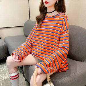 harajuku Women Striped Oversize Tshirt Chic Fashion 90s full Sleeve Loose T-shirts Female Casual Tops Clothes Streetwear T shirt