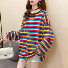 harajuku Women Striped Oversize Tshirt Chic Fashion 90s full Sleeve Loose T-shirts Female Casual Tops Clothes Streetwear T shirt