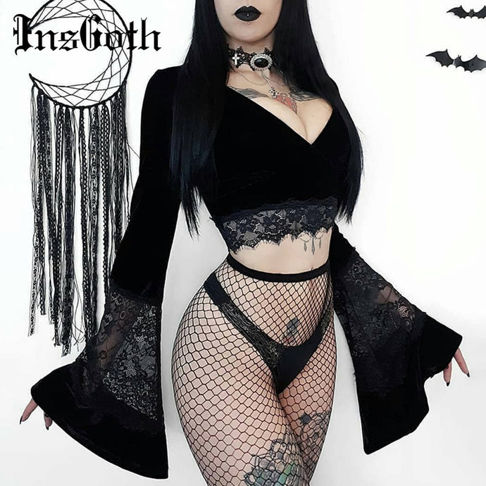 InsGoth Sexy Women Gothic Crop Top Flare Long Sleeve Lace Hollow Out Black T-shirt Retro Bodycon Female V-neck Tops Elegant Top