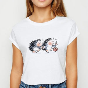 New T-shirt Female Hedgehog with Dandelion Tshirt Loose Spring Summer Tee shirt Easy Matching  женская Round Neck T-shirts