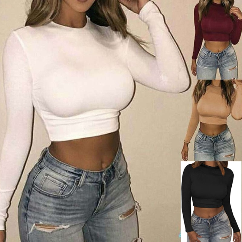 Women Sexy Short T-shirts Fashion Long Sleeve T-shirt Autumn Female Basic Tees Silm Solid Color Crooped Tops